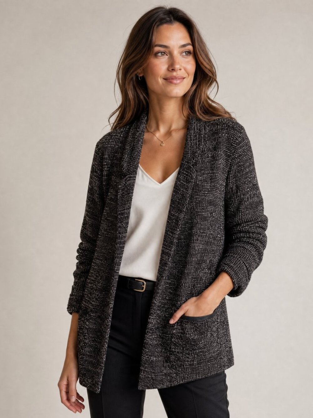 New Look Black Tweed Boucle Blazer Jacket Open Front Textured Knit Longline